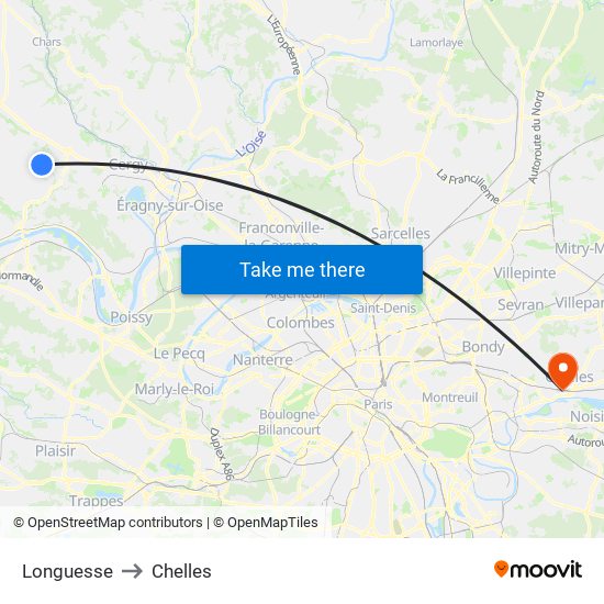 Longuesse to Chelles map