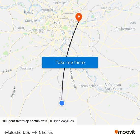 Malesherbes to Chelles map