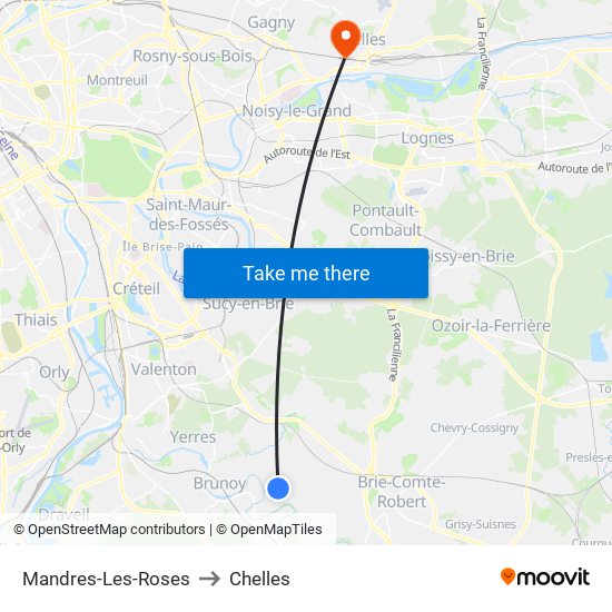 Mandres-Les-Roses to Chelles map