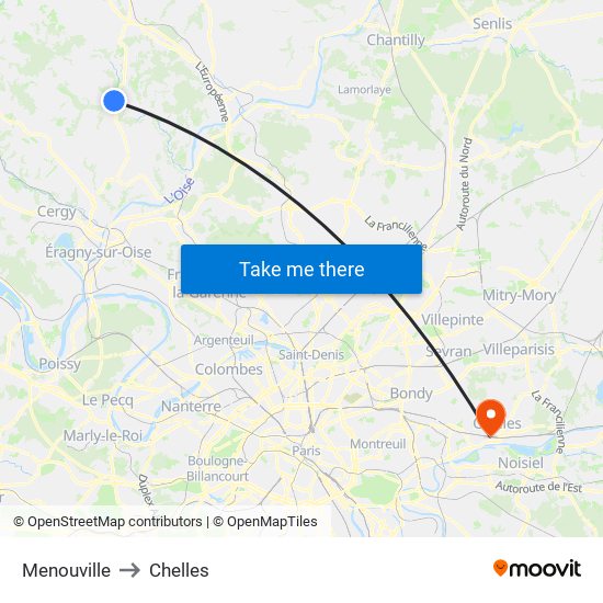 Menouville to Chelles map