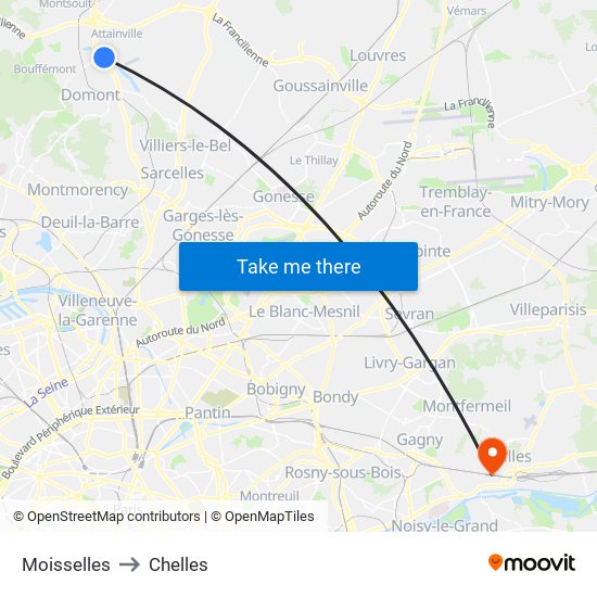 Moisselles to Chelles map