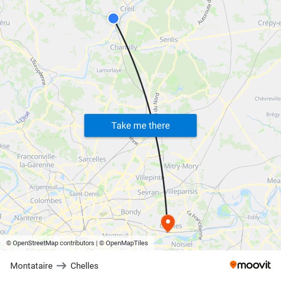 Montataire to Chelles map