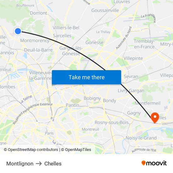 Montlignon to Chelles map