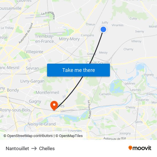 Nantouillet to Chelles map