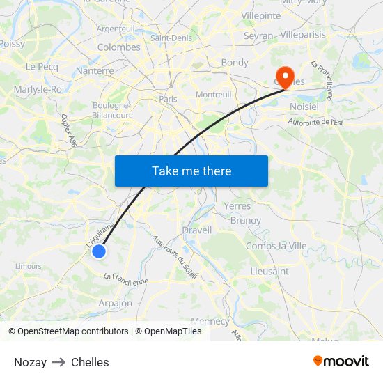 Nozay to Chelles map