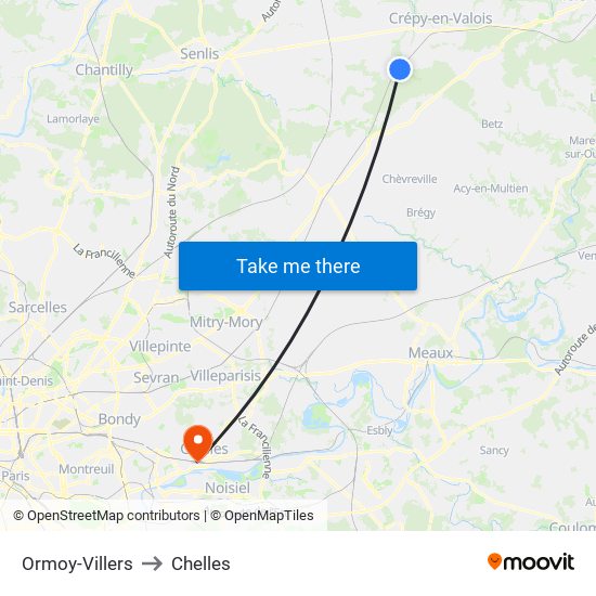 Ormoy-Villers to Chelles map