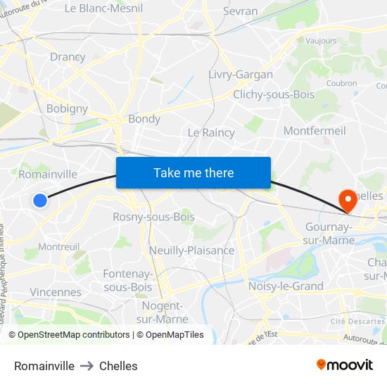 Romainville to Chelles map