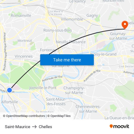 Saint-Maurice to Chelles map