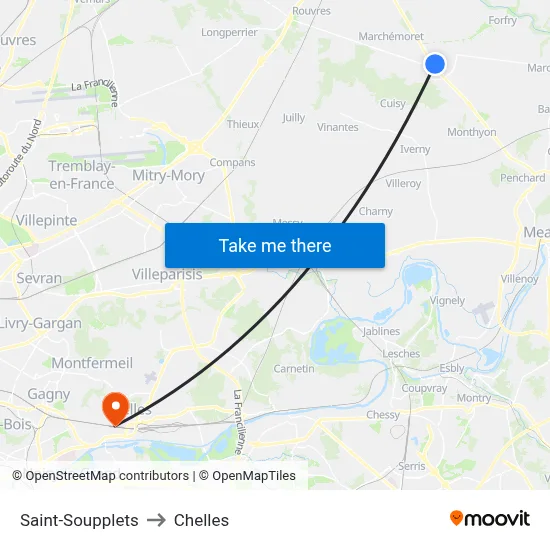 Saint-Soupplets to Chelles map