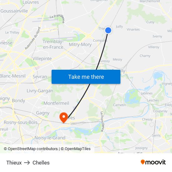 Thieux to Chelles map