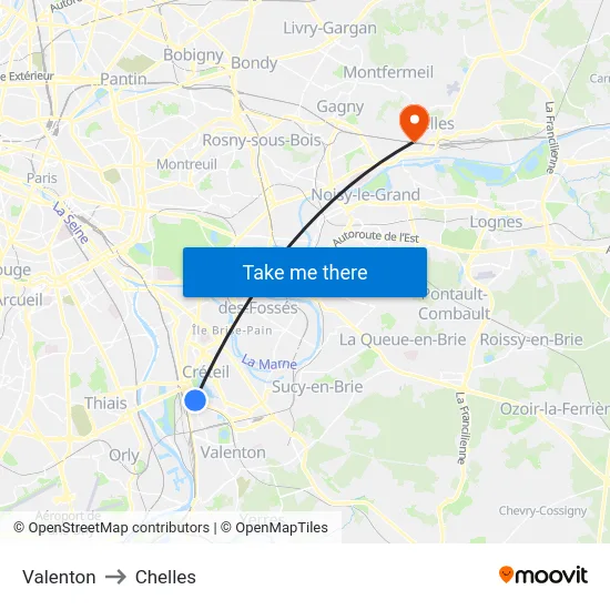 Valenton to Chelles map