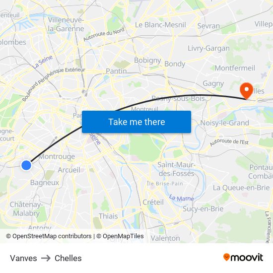 Vanves to Chelles map