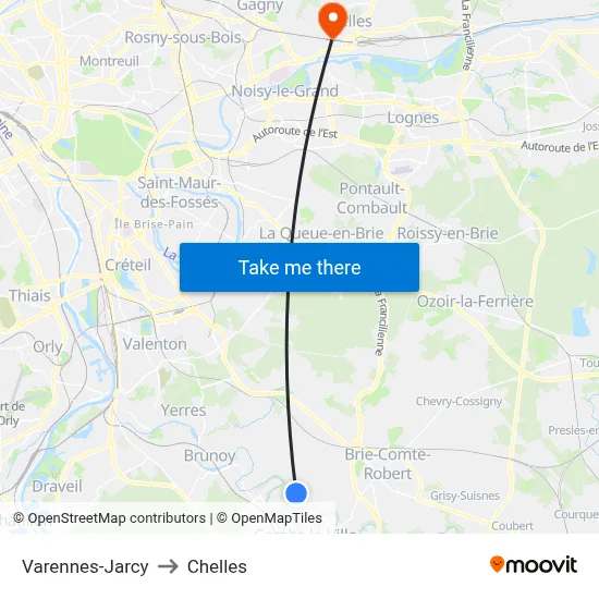 Varennes-Jarcy to Chelles map