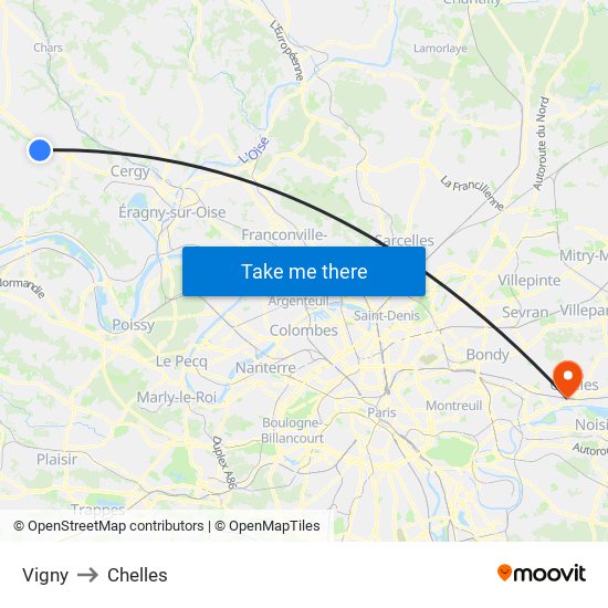 Vigny to Chelles map