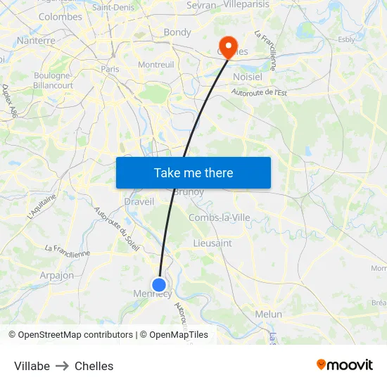 Villabe to Chelles map