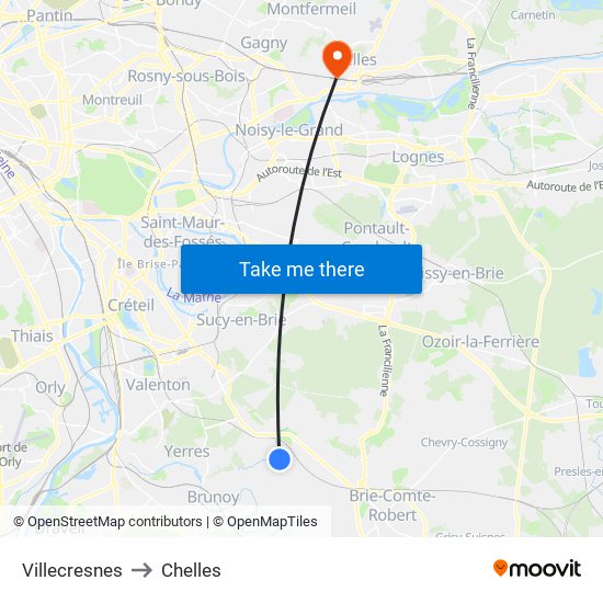 Villecresnes to Chelles map