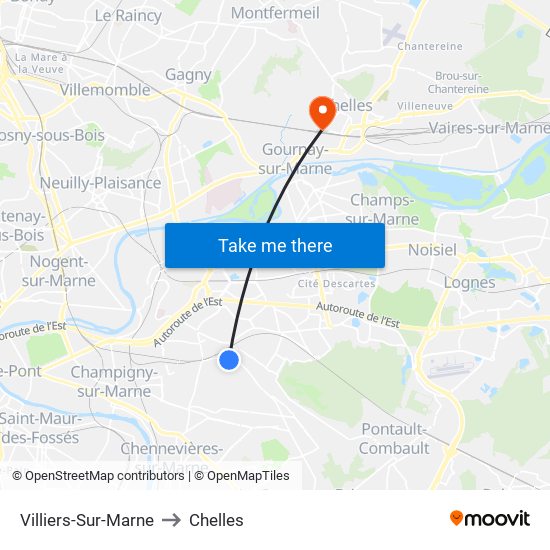 Villiers-Sur-Marne to Chelles map