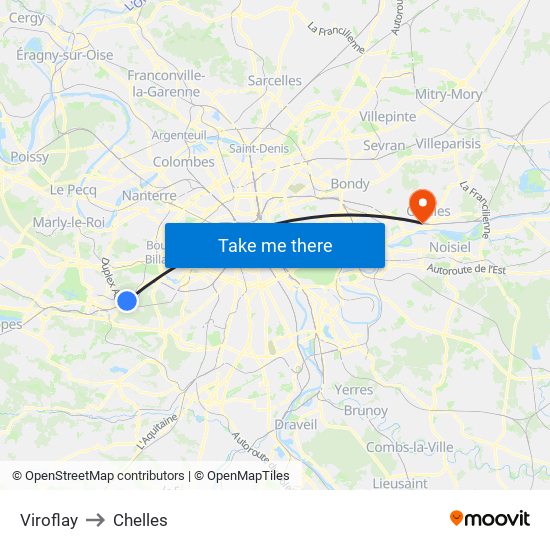 Viroflay to Chelles map