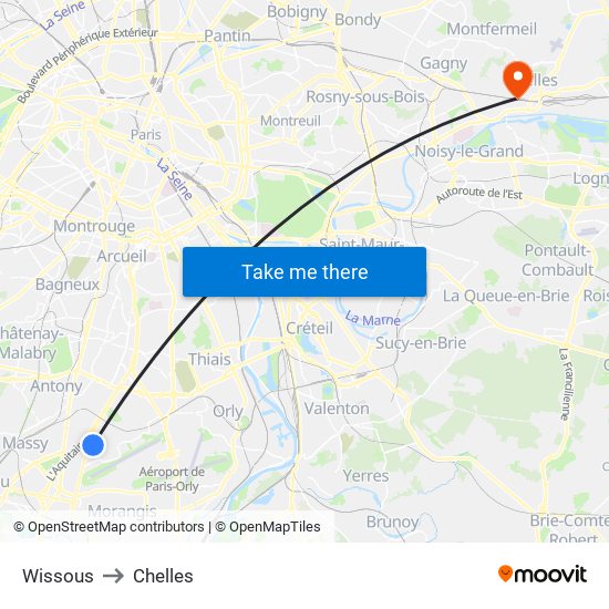 Wissous to Chelles map