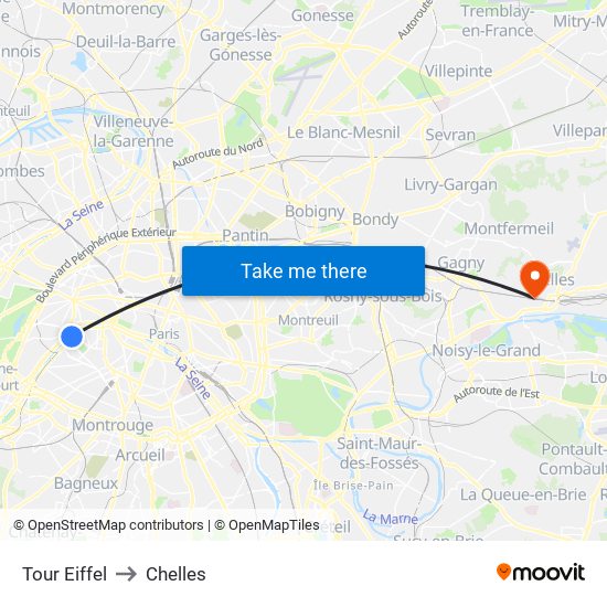 Eiffel Tower to Chelles map