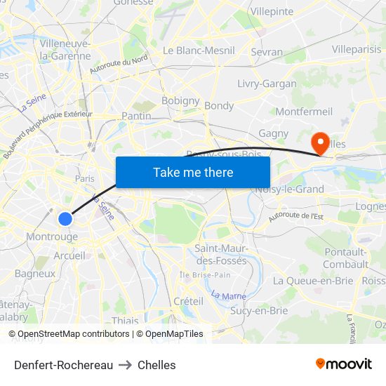 Denfert-Rochereau to Chelles map