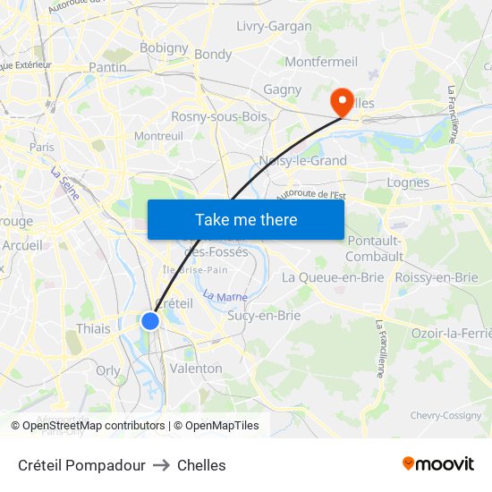 Créteil Pompadour to Chelles map
