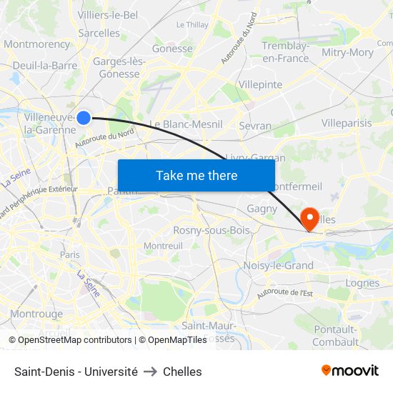 Saint-Denis - Université to Chelles map