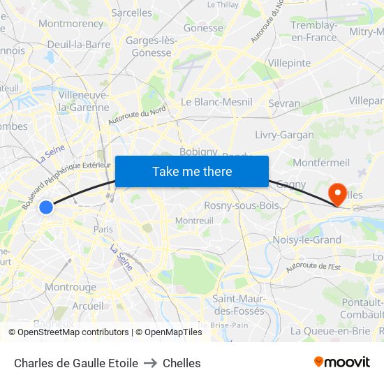 Charles de Gaulle Etoile to Chelles map