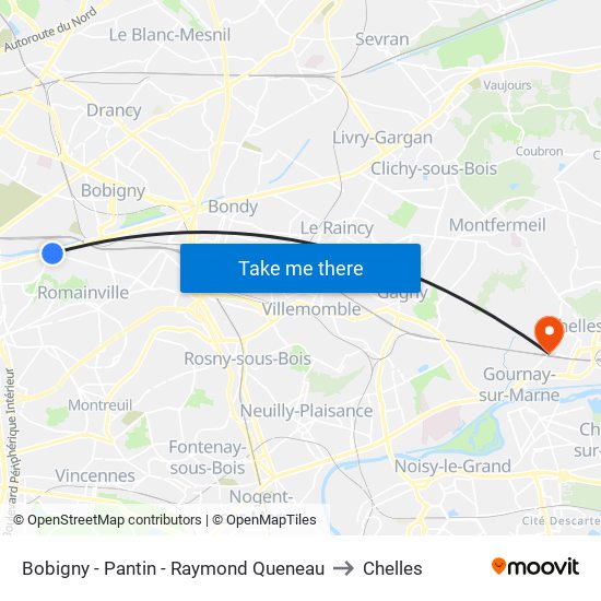 Bobigny - Pantin - Raymond Queneau to Chelles map