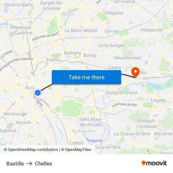 Bastille to Chelles map