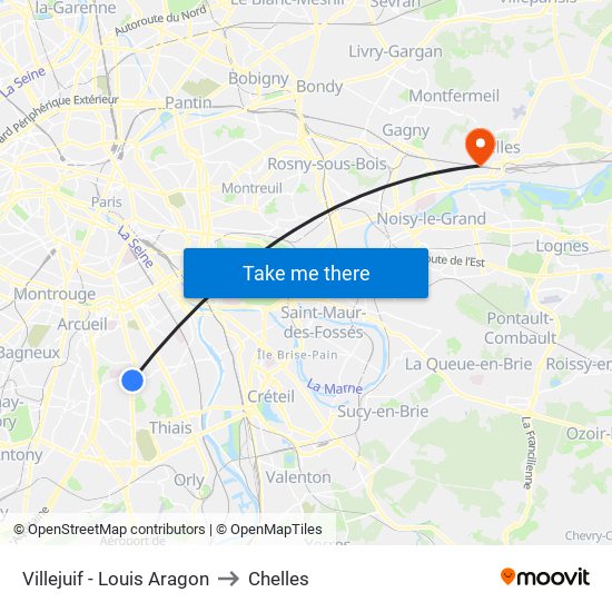 Villejuif - Louis Aragon to Chelles map