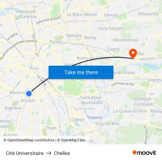 Cité Universitaire to Chelles map