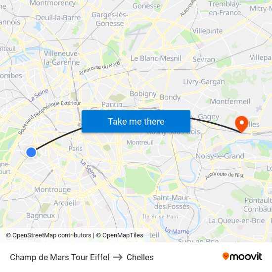 Champ de Mars Tour Eiffel to Chelles map