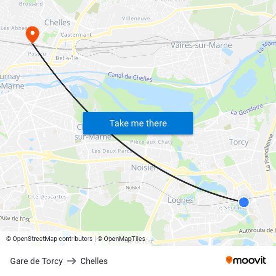 Gare de Torcy to Chelles map