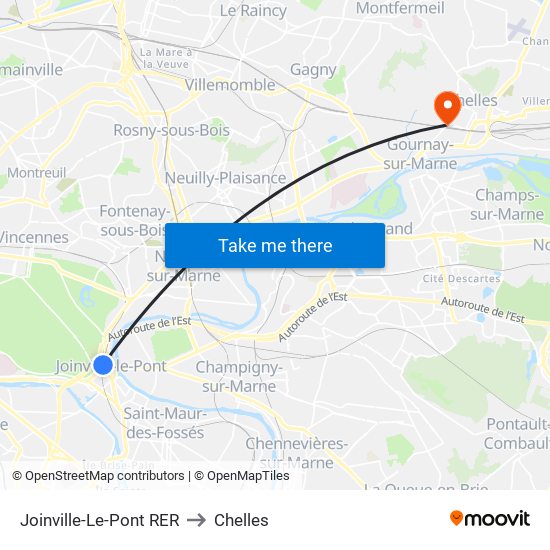 Joinville-Le-Pont RER to Chelles map