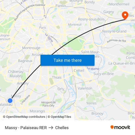 Massy - Palaiseau RER to Chelles map