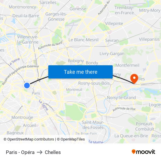 Paris - Opéra to Chelles map