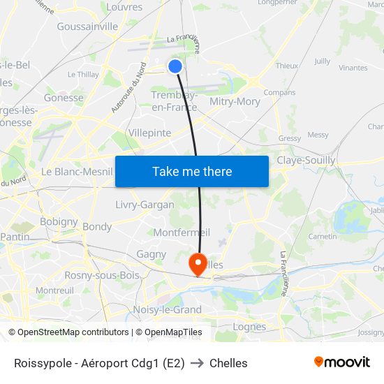 Roissypole - Aéroport Cdg1 (E2) to Chelles map