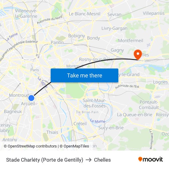 Stade Charléty (Porte de Gentilly) to Chelles map