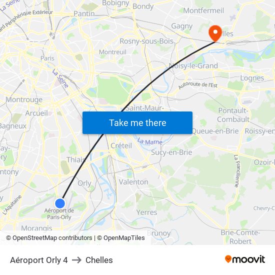 Aéroport Orly 4 to Chelles map