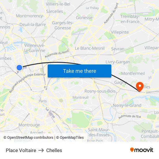 Place Voltaire to Chelles map