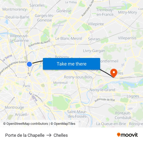 Porte de la Chapelle to Chelles map