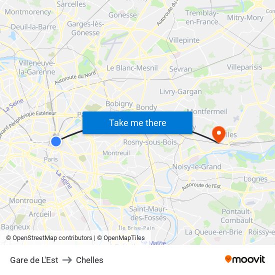 Gare de L'Est to Chelles map