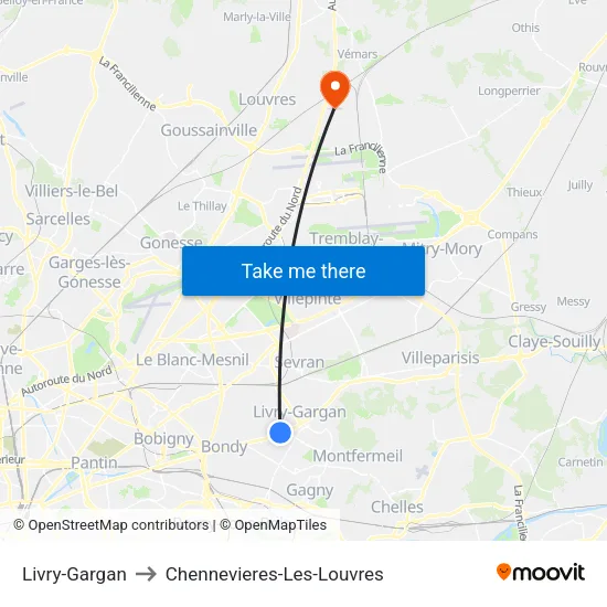 Livry-Gargan to Chennevieres-Les-Louvres map