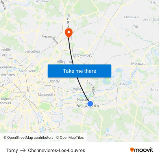 Torcy to Chennevieres-Les-Louvres map