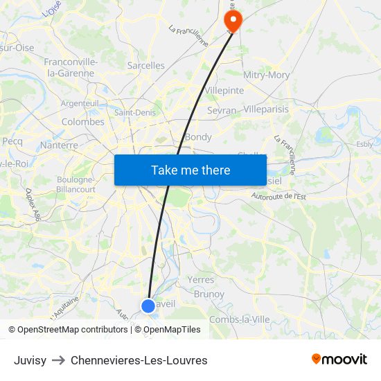 Juvisy to Chennevieres-Les-Louvres map