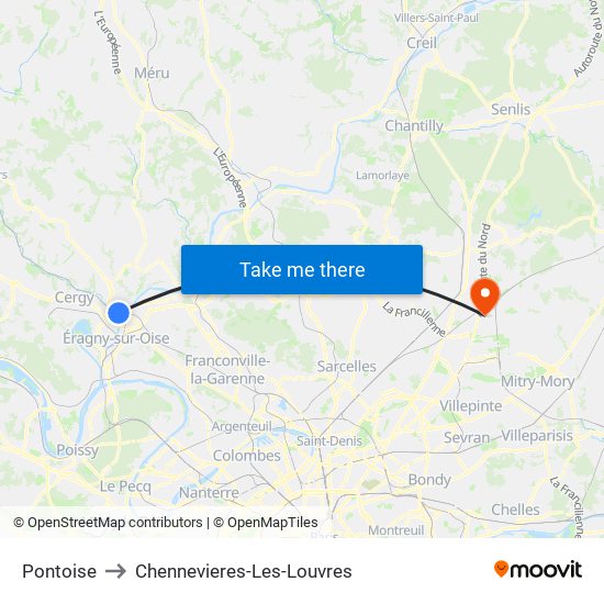 Pontoise to Chennevieres-Les-Louvres map