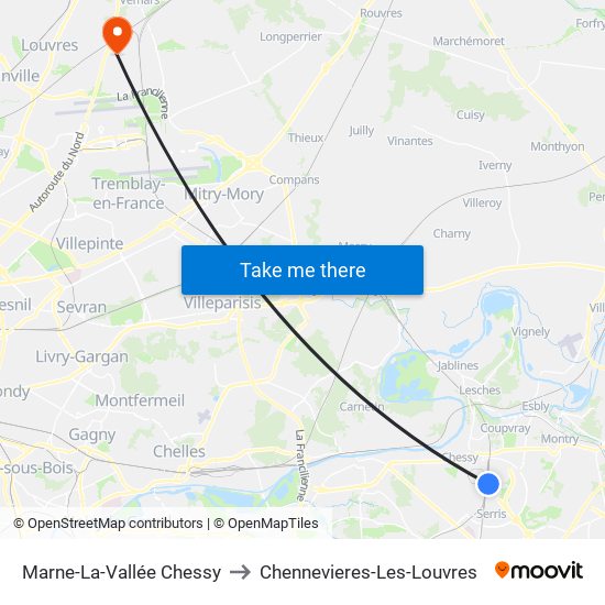 Marne-La-Vallée Chessy to Chennevieres-Les-Louvres map