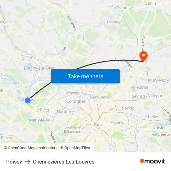 Poissy to Chennevieres-Les-Louvres map