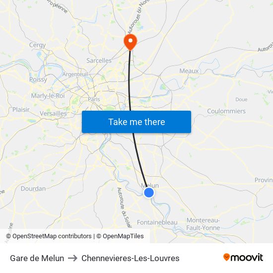 Gare de Melun to Chennevieres-Les-Louvres map